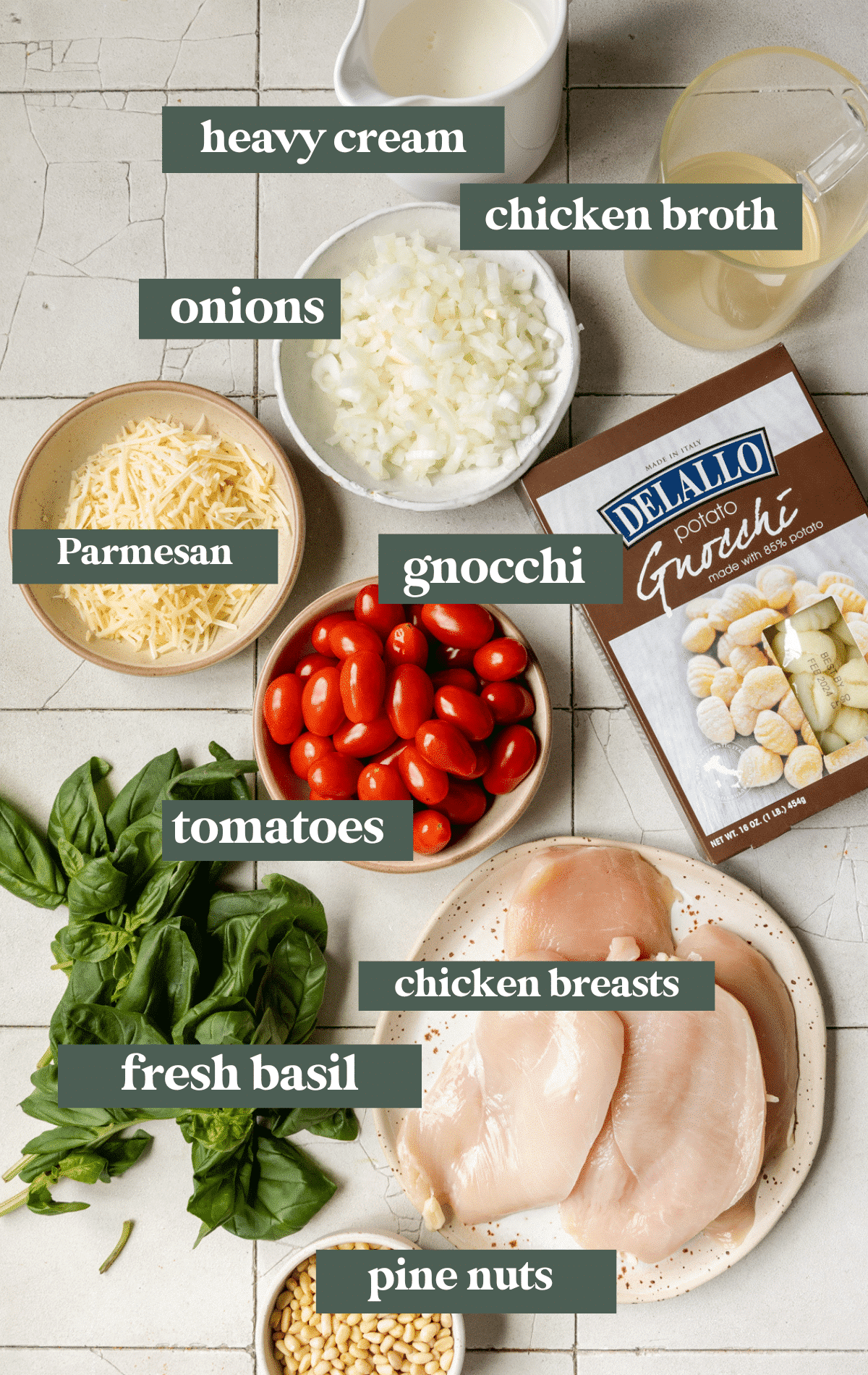 ingredients needed to make a chicken and pesto gnocchi dinner.