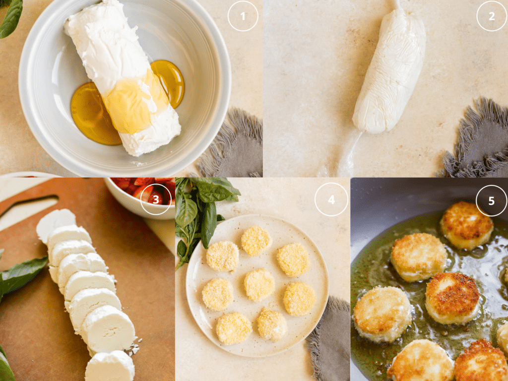 step by step photos making fried goat cheese. 