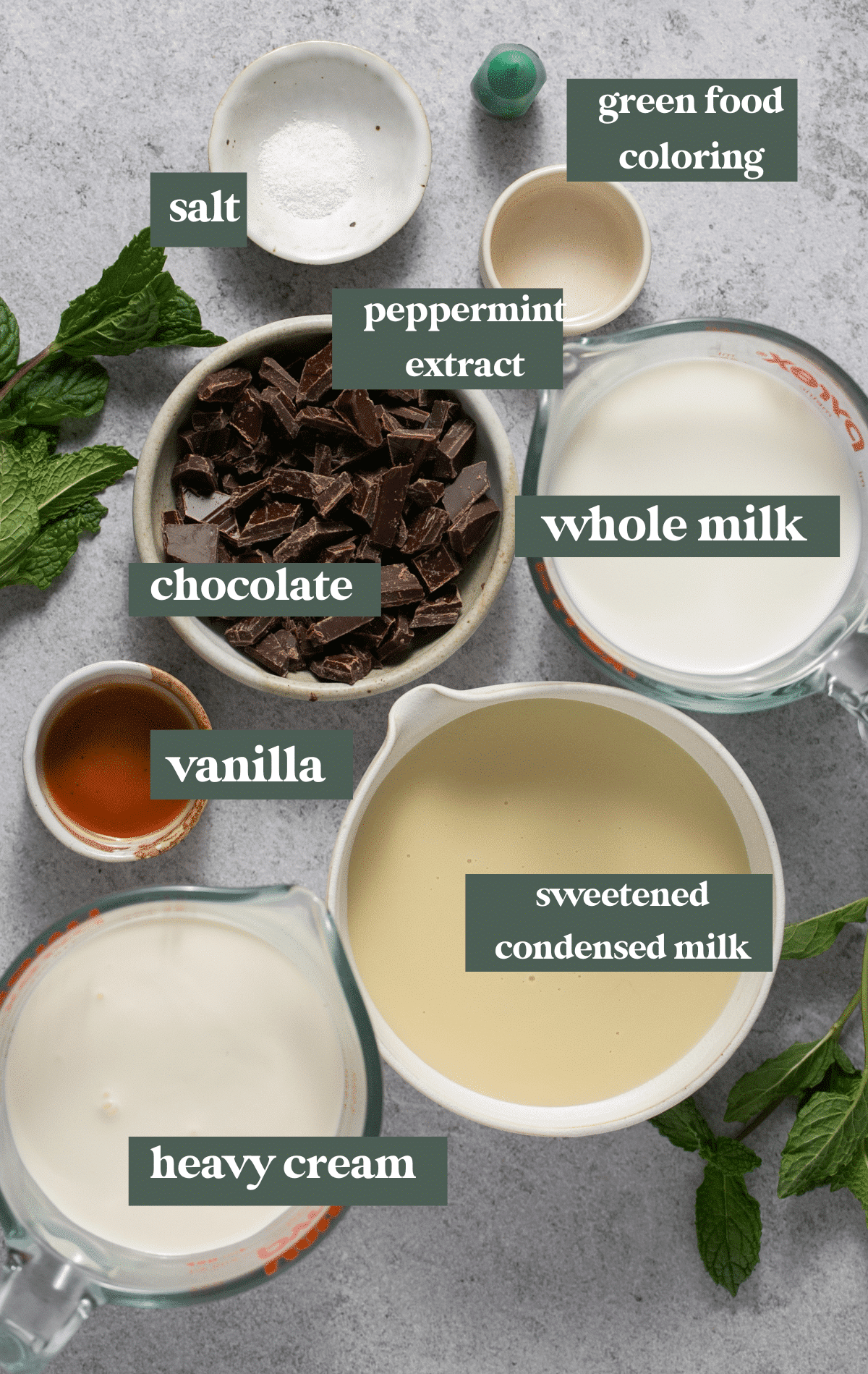 ingredients to make homemade ice cream in glass bowls. 