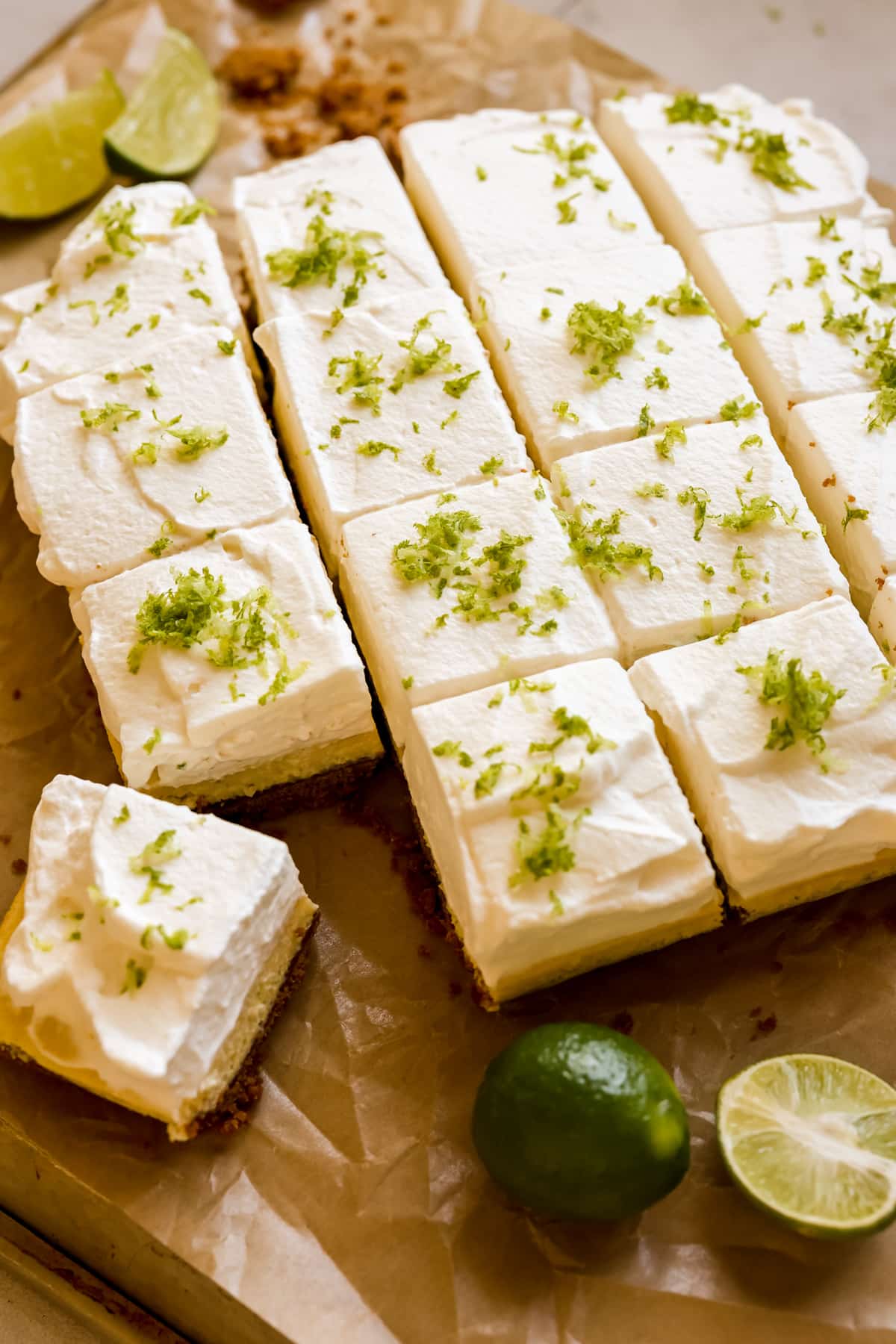 pie bars on parchment paper with zest on top. 