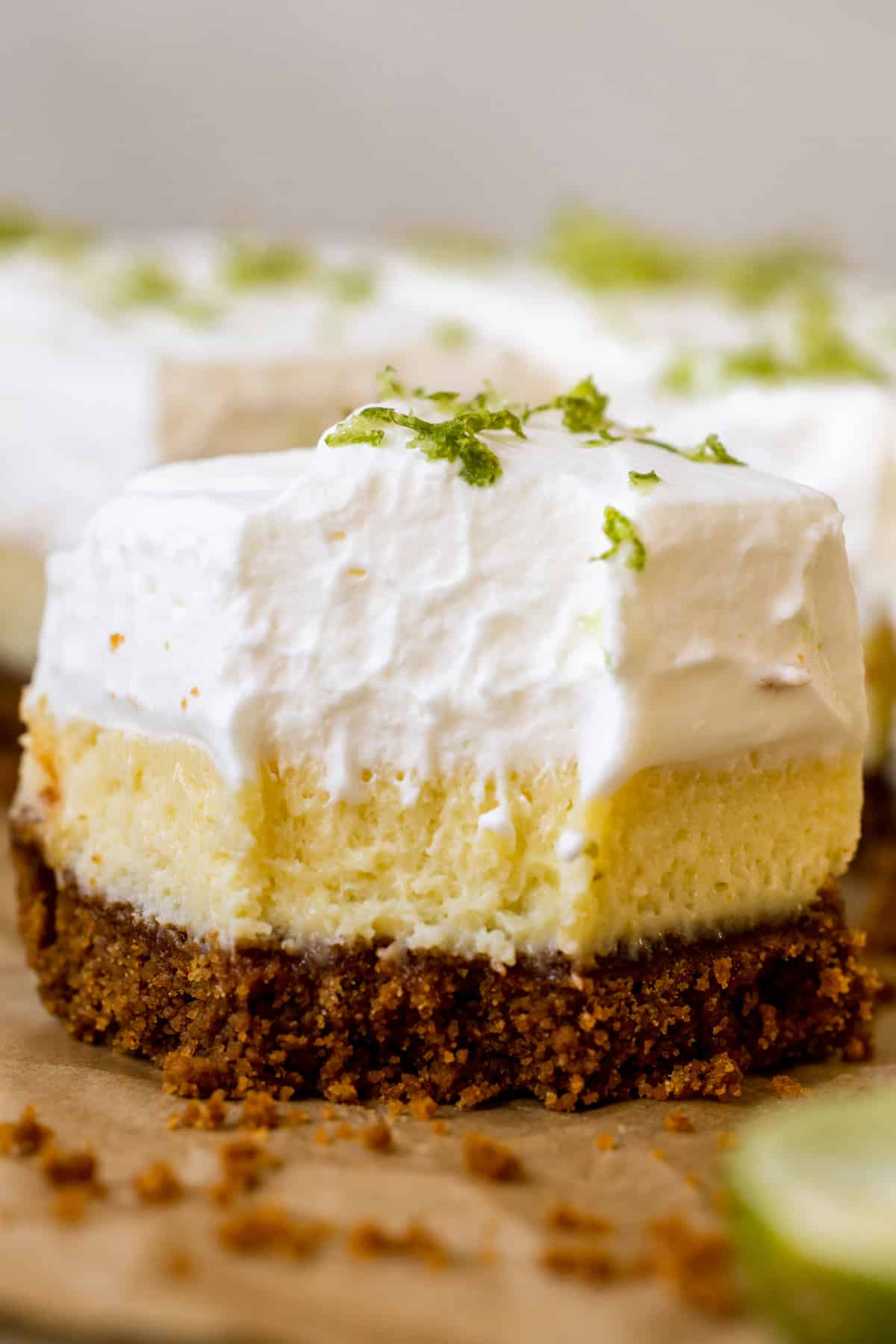 bars topped with whipped cream and lime zest. 