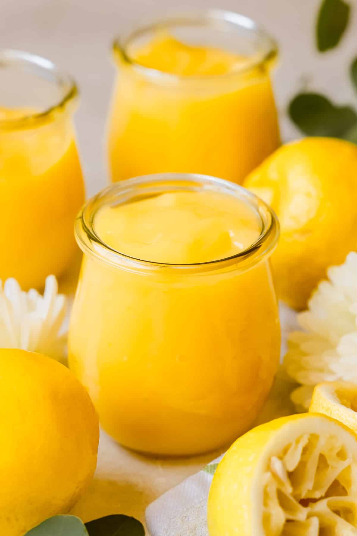 lemon curd in a glass jar. 