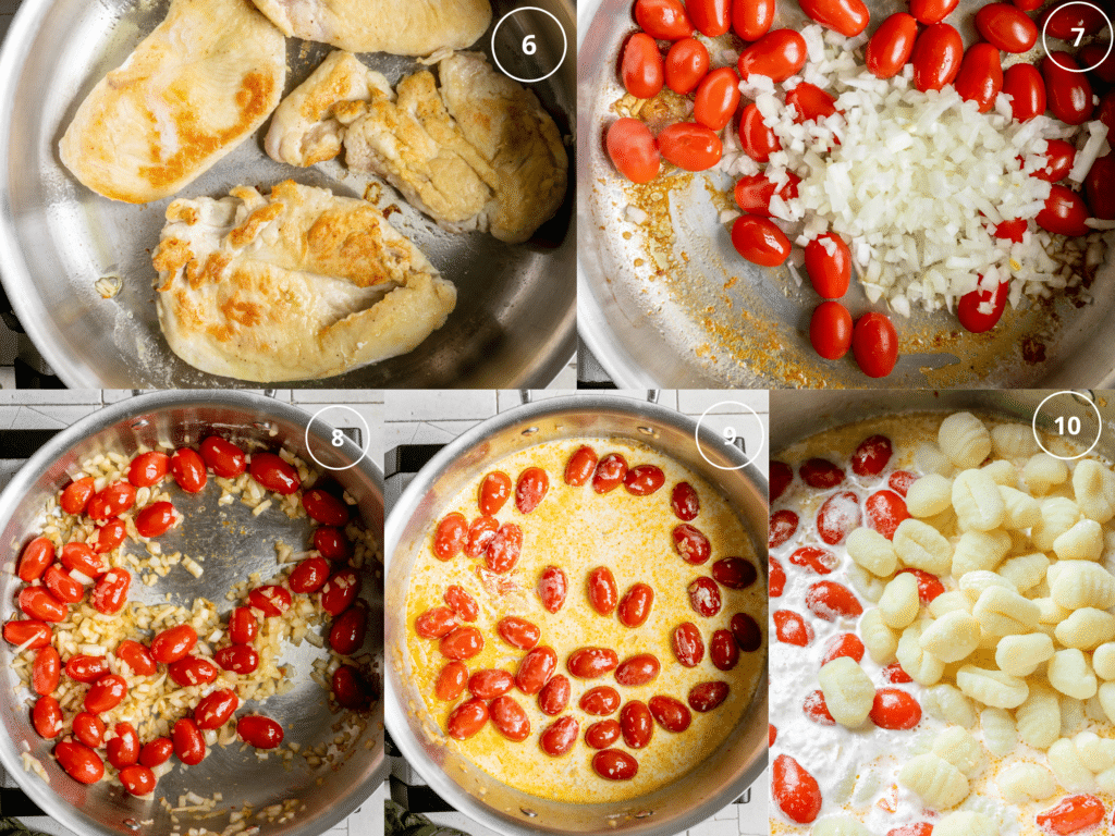 step by step photos sauteing onions and tomatoes. 