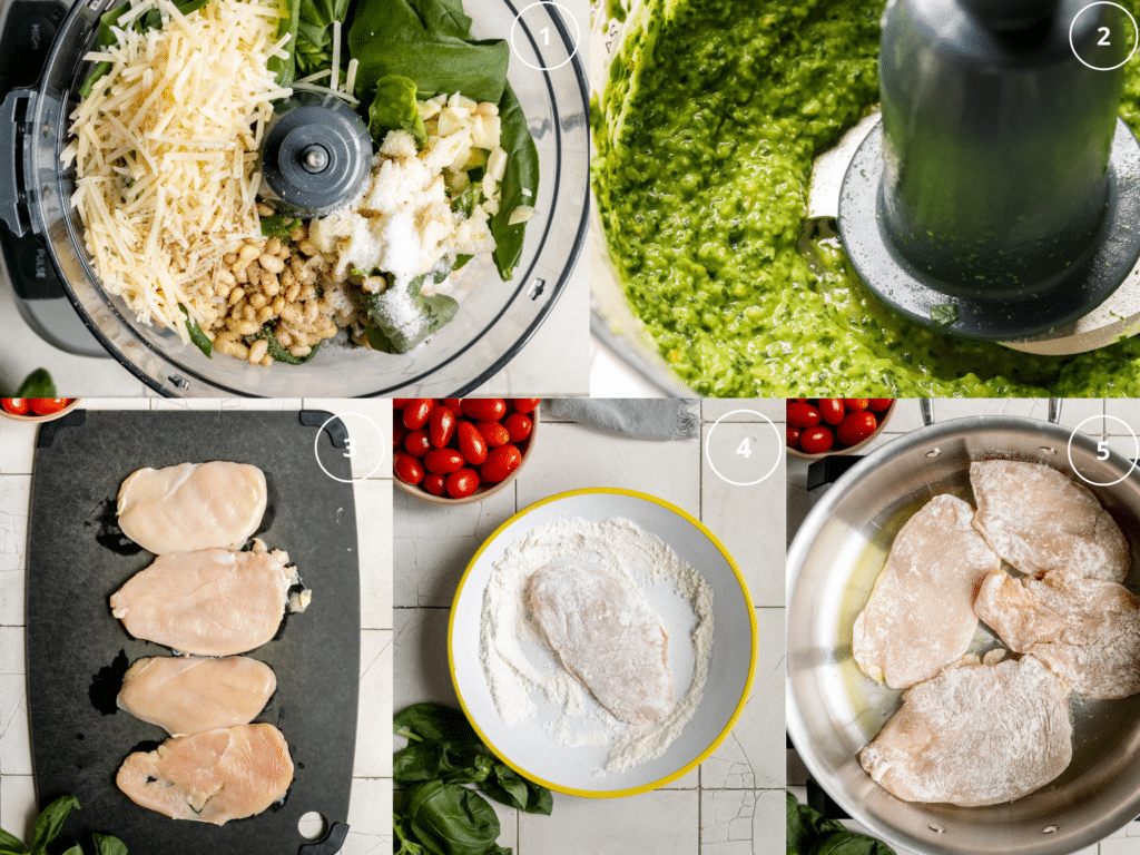 step by step photos making pesto and browning chicken.