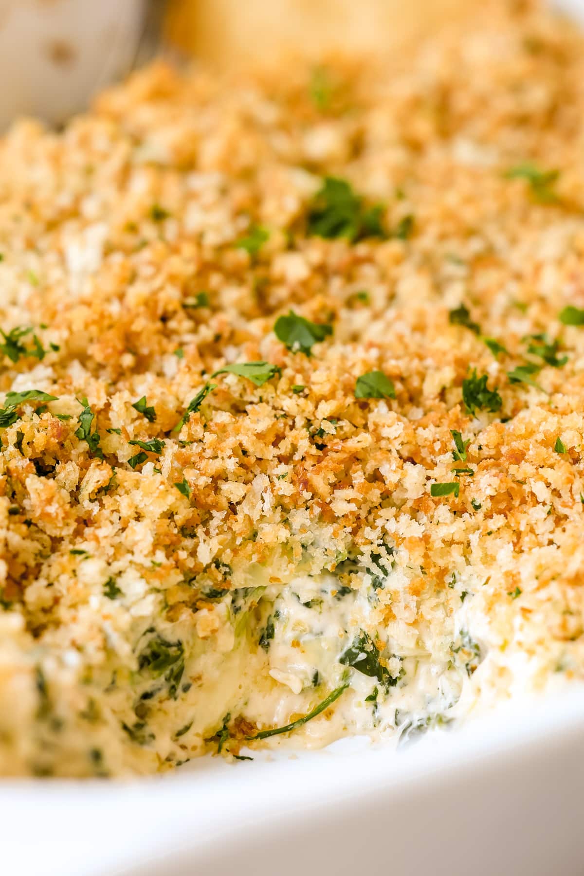 a close up image of spinach dip topped with breadcrumbs and parsley. 