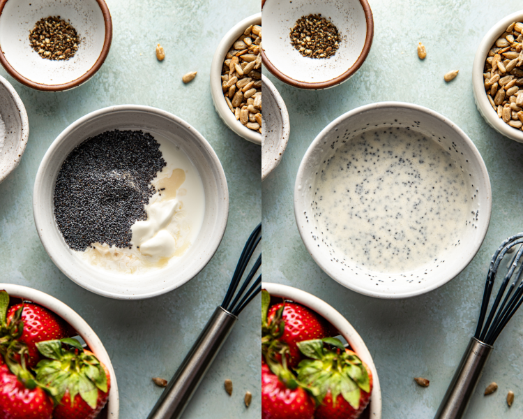 Side-by-side image showing the process of making creamy poppyseed dressing: the left side displays a bowl with poppy seeds, mayonnaise, milk, and vinegar before mixing; the right side shows the same ingredients fully whisked into a smooth, speckled dressing.