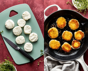 Two images: the left side shows sliced goat cheese medallions on a mint green cutting board next to a paring knife; the right side shows the medallions pan-frying to golden brown in a cast iron skillet.