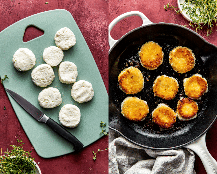 Two images: the left side shows sliced goat cheese medallions on a mint green cutting board next to a paring knife; the right side shows the medallions pan-frying to golden brown in a cast iron skillet.
