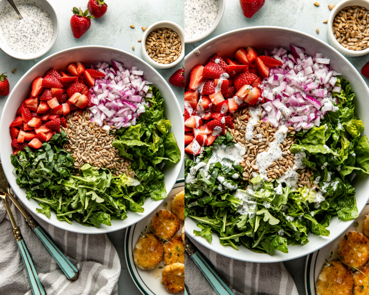 Overhead view of a large salad bowl filled with fresh chopped strawberries, diced red onion, sunflower seeds, chopped kale, romaine lettuce, and arugula, before tossing or dressing. The same salad bowl now partially dressed with creamy poppyseed dressing drizzled over the strawberries, red onion, sunflower seeds, and leafy greens, before mixing.