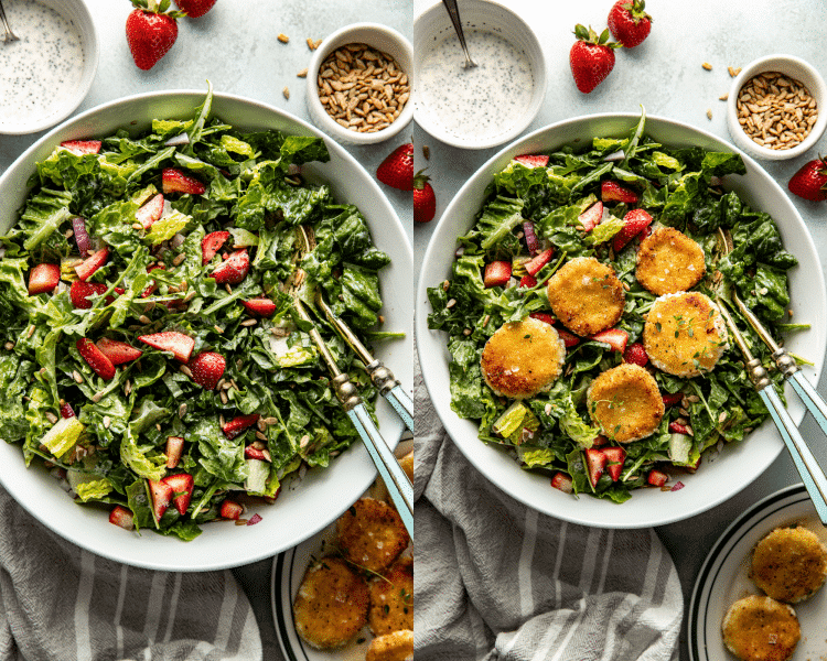 Overhead view of a large salad bowl filled with fresh chopped strawberries, diced red onion, sunflower seeds, chopped kale, romaine lettuce, and arugula, before tossing or dressing.