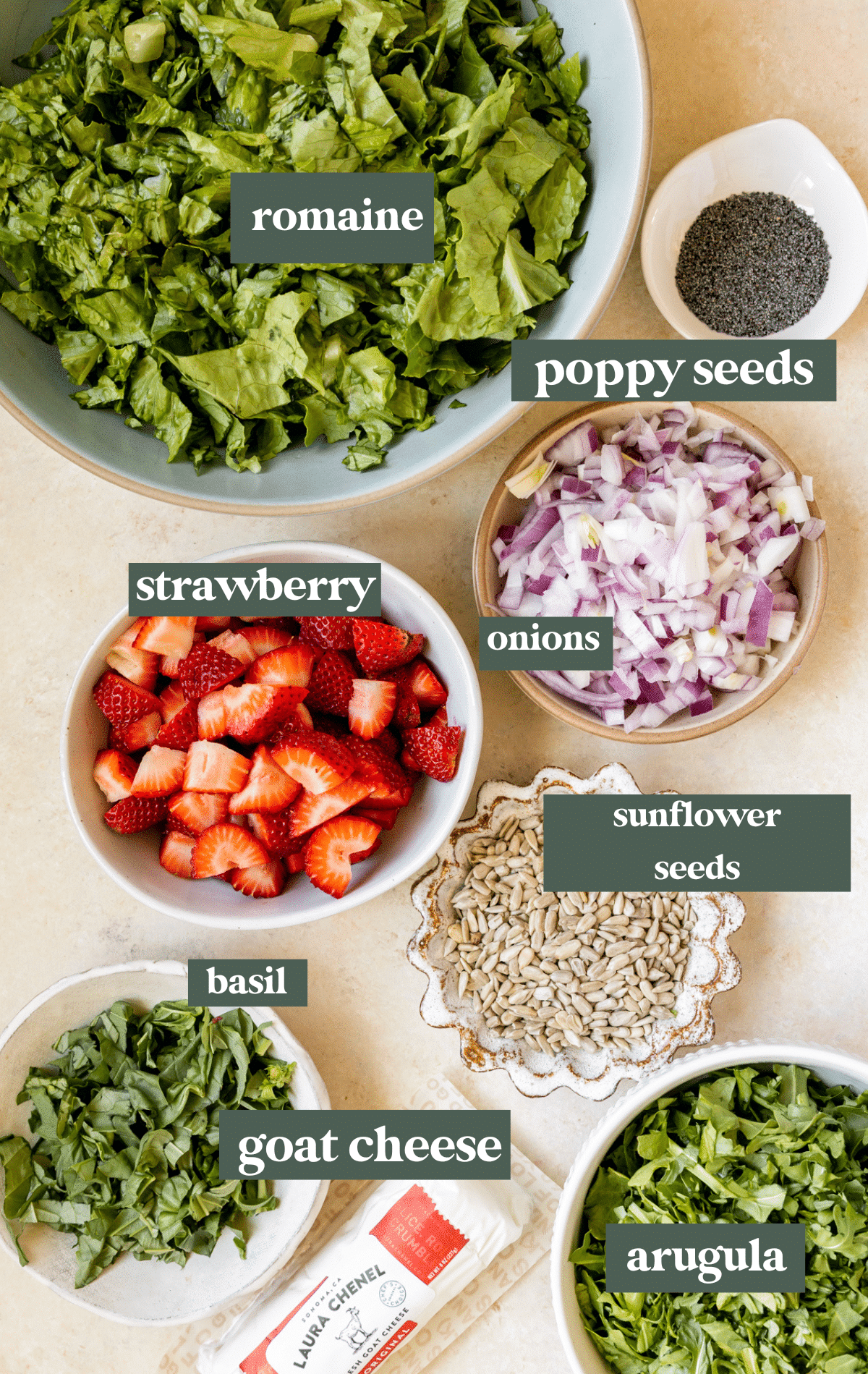 ingredients to make salad in glass bowls. 