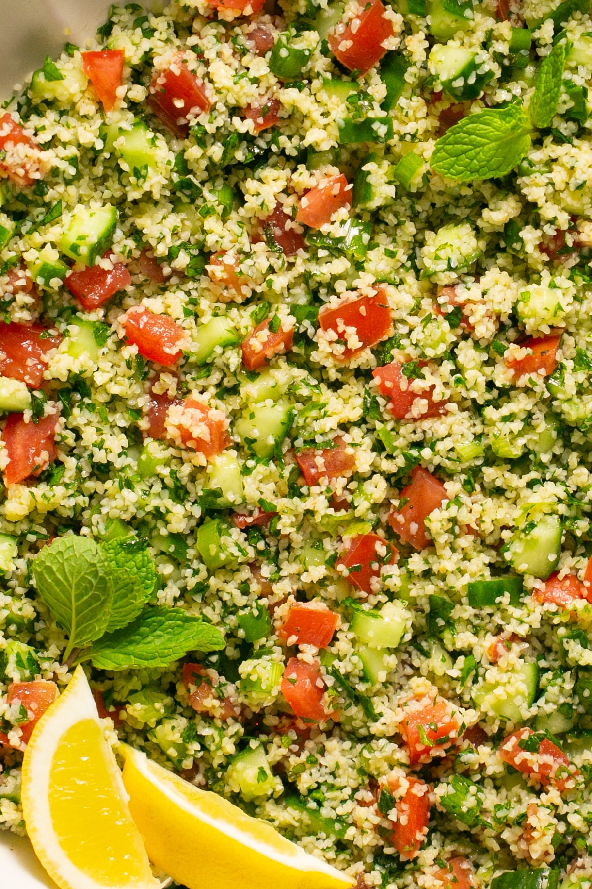 an up close image of tabbouleh salad. 