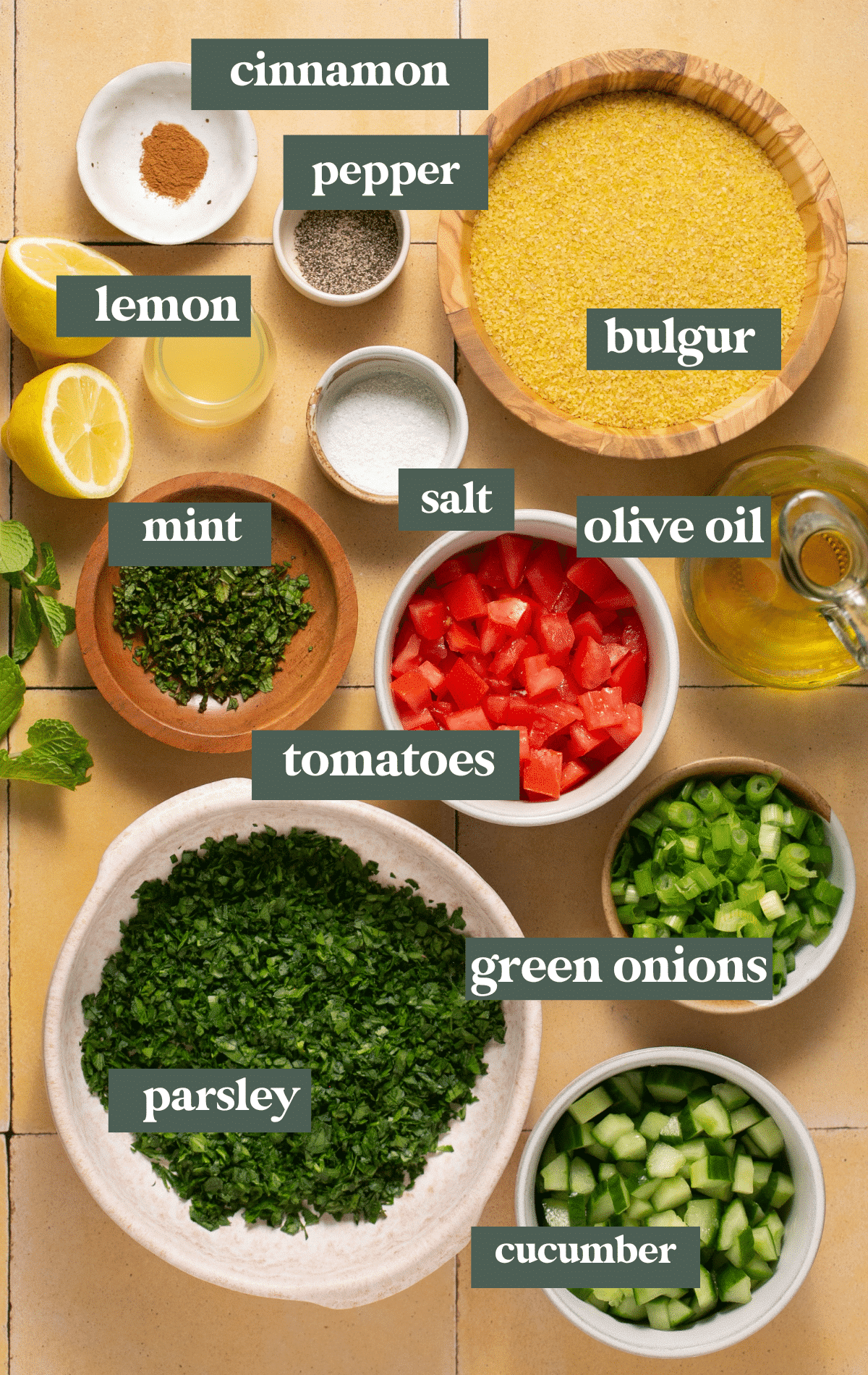 ingredients for salad in small glass bowls. 