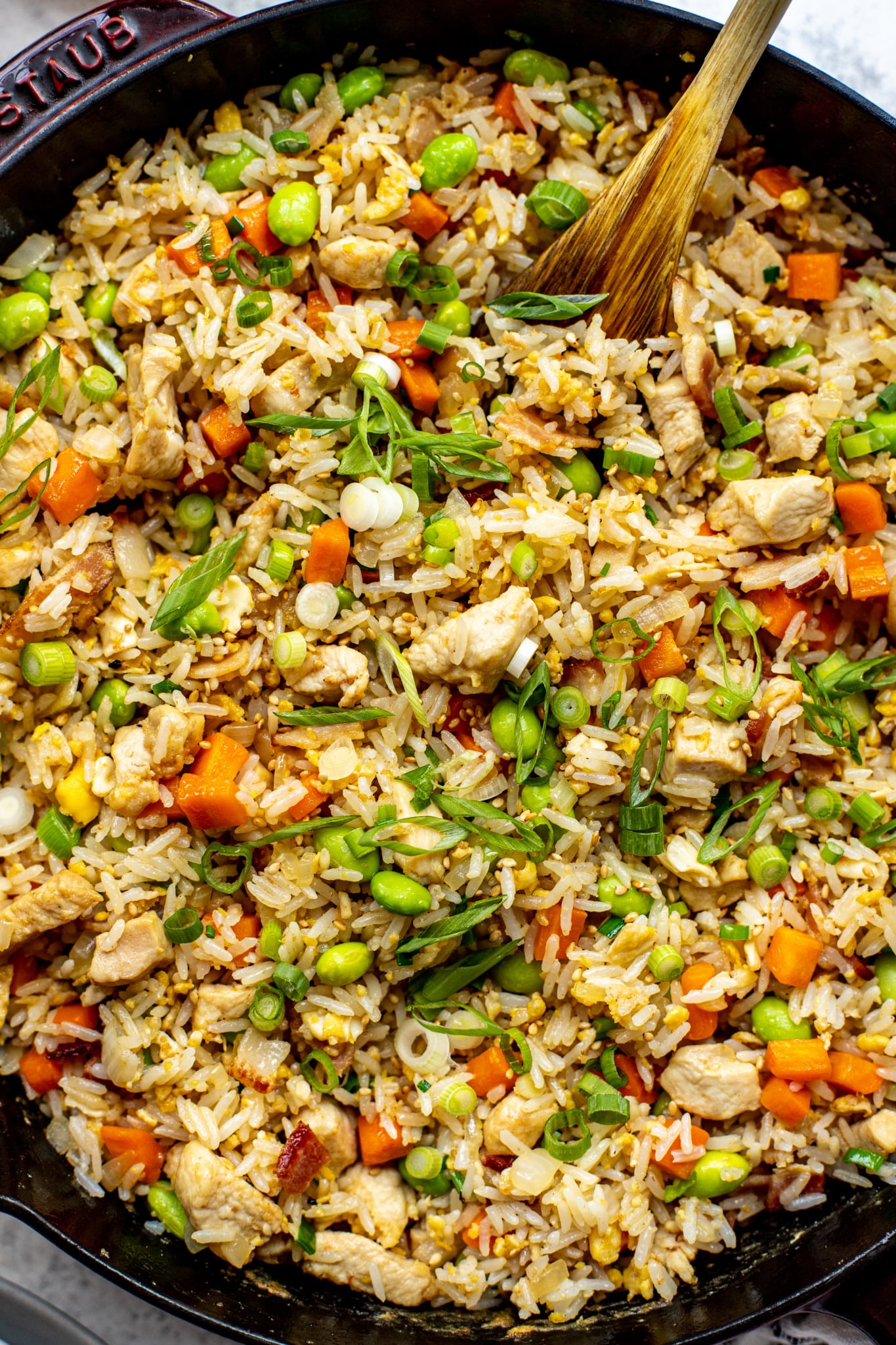 an up close image of rice with made chicken and veggies and garnished with green onions and toasted sesame seeds. 