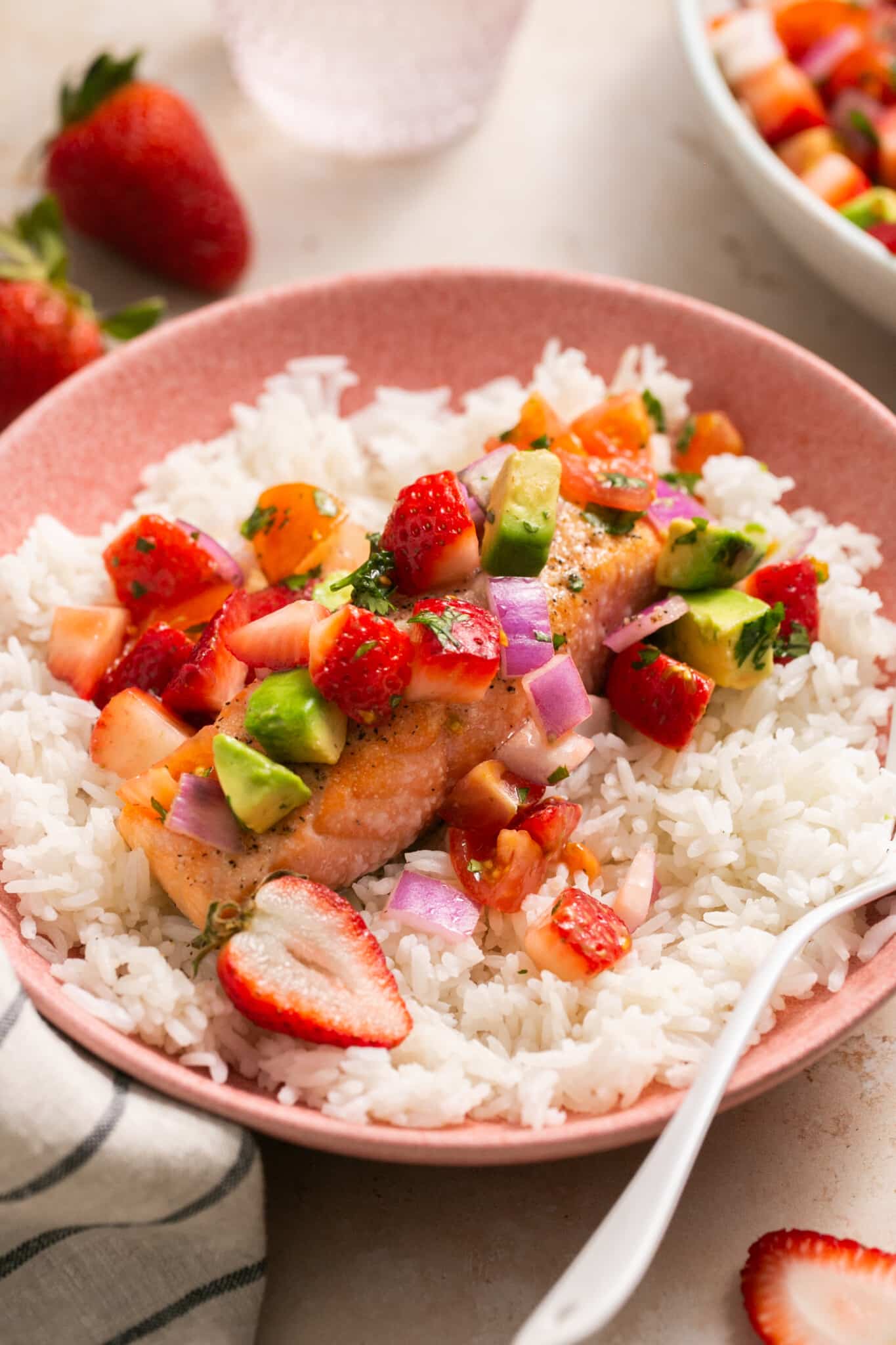 salmon over white rice. 