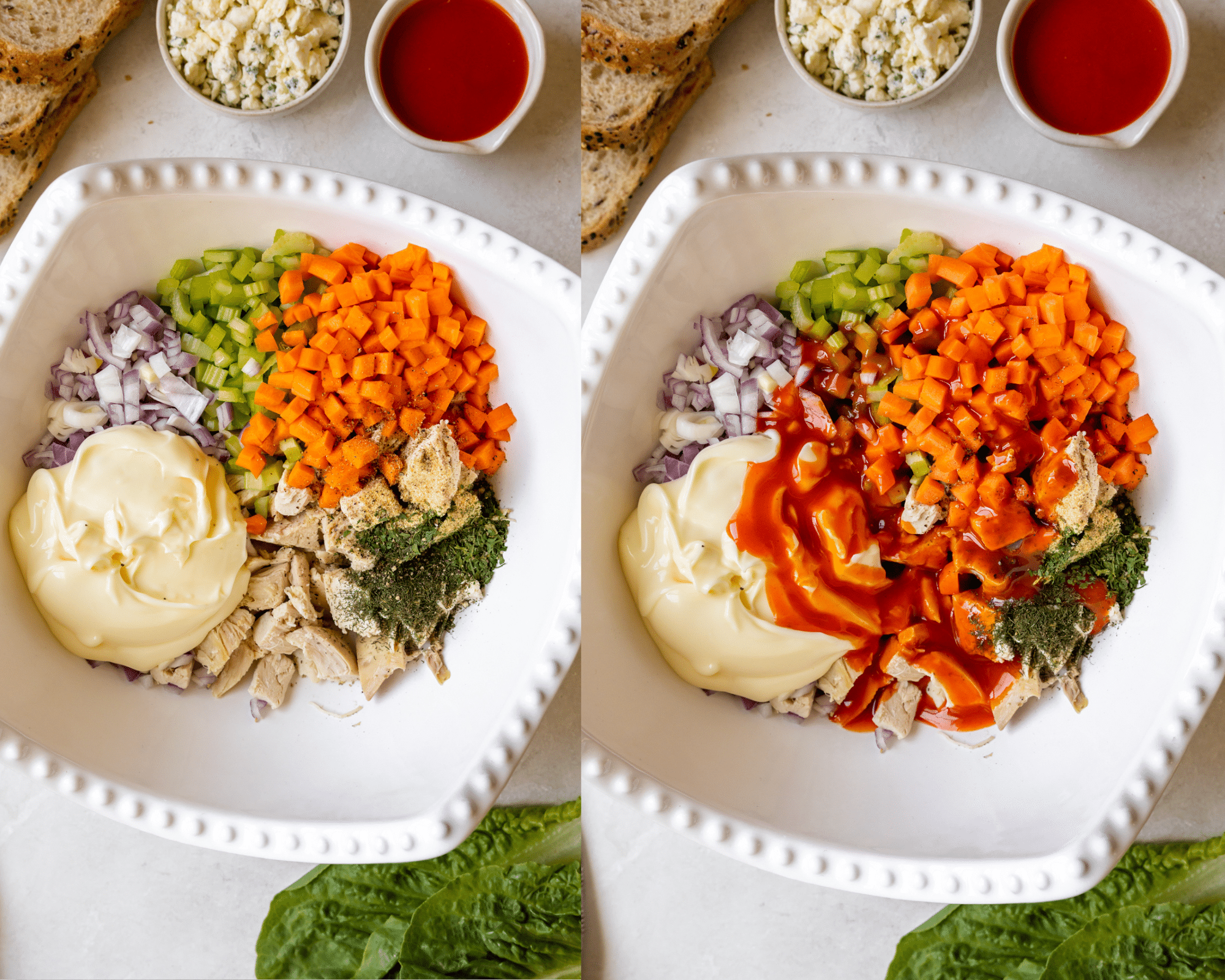 chicken, veggies and buffalo sauce in a large white bowl.