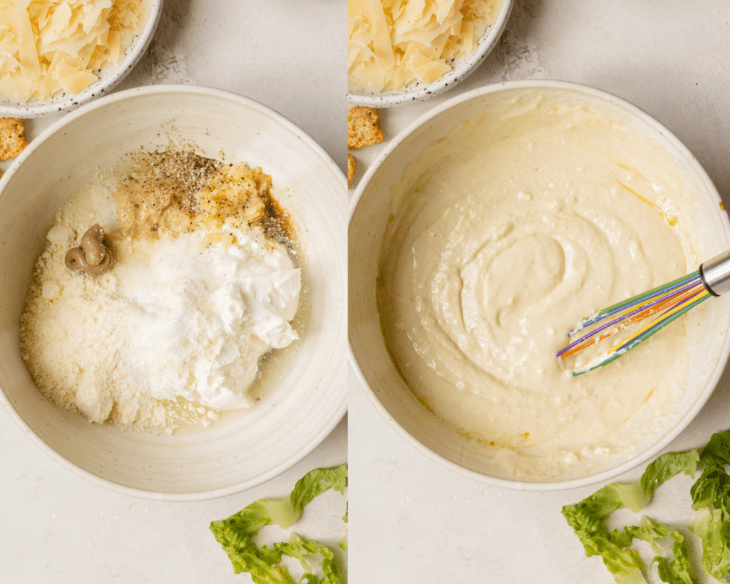 homemade caesar dressing in a white bowl.