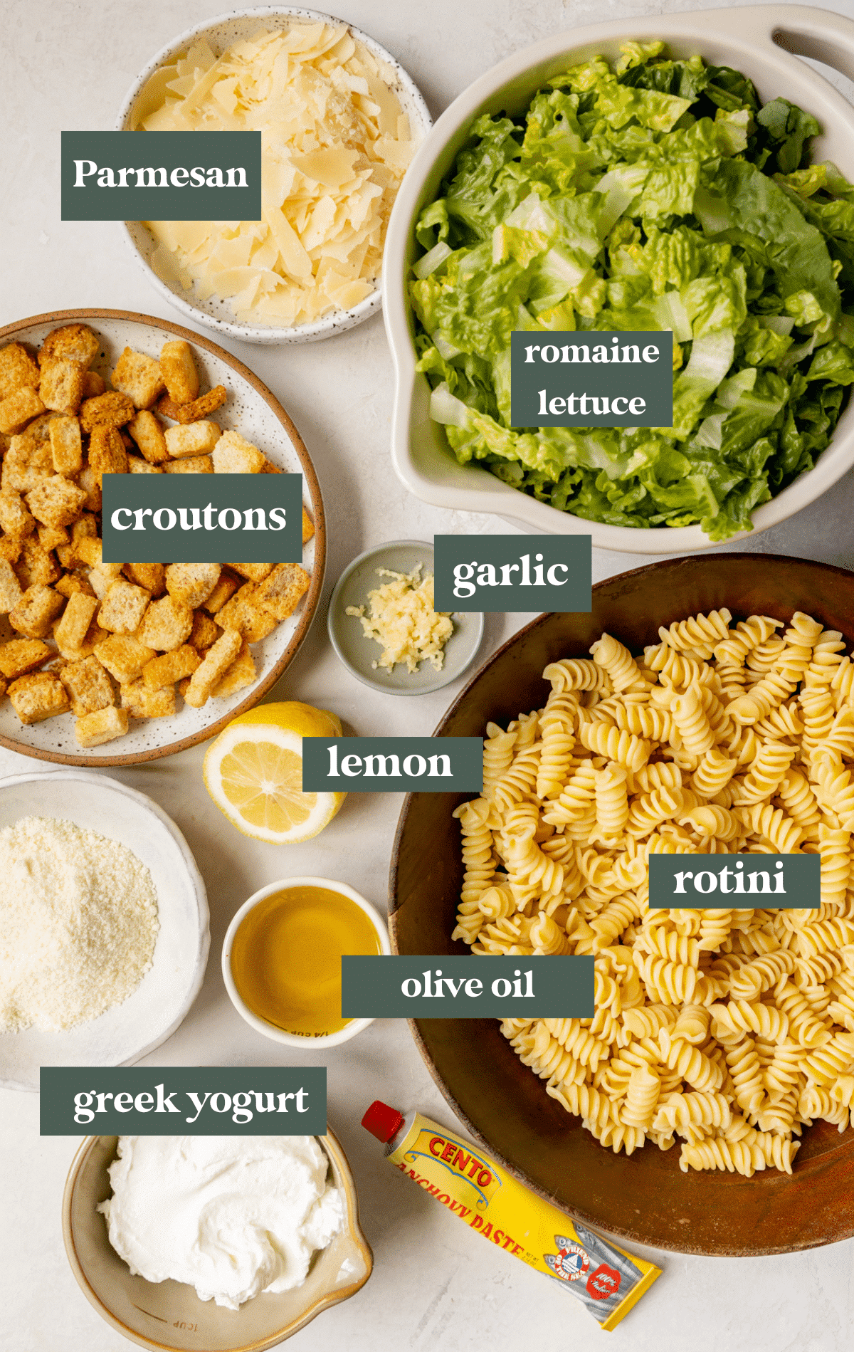 ingredients needed to make caesar salad. 