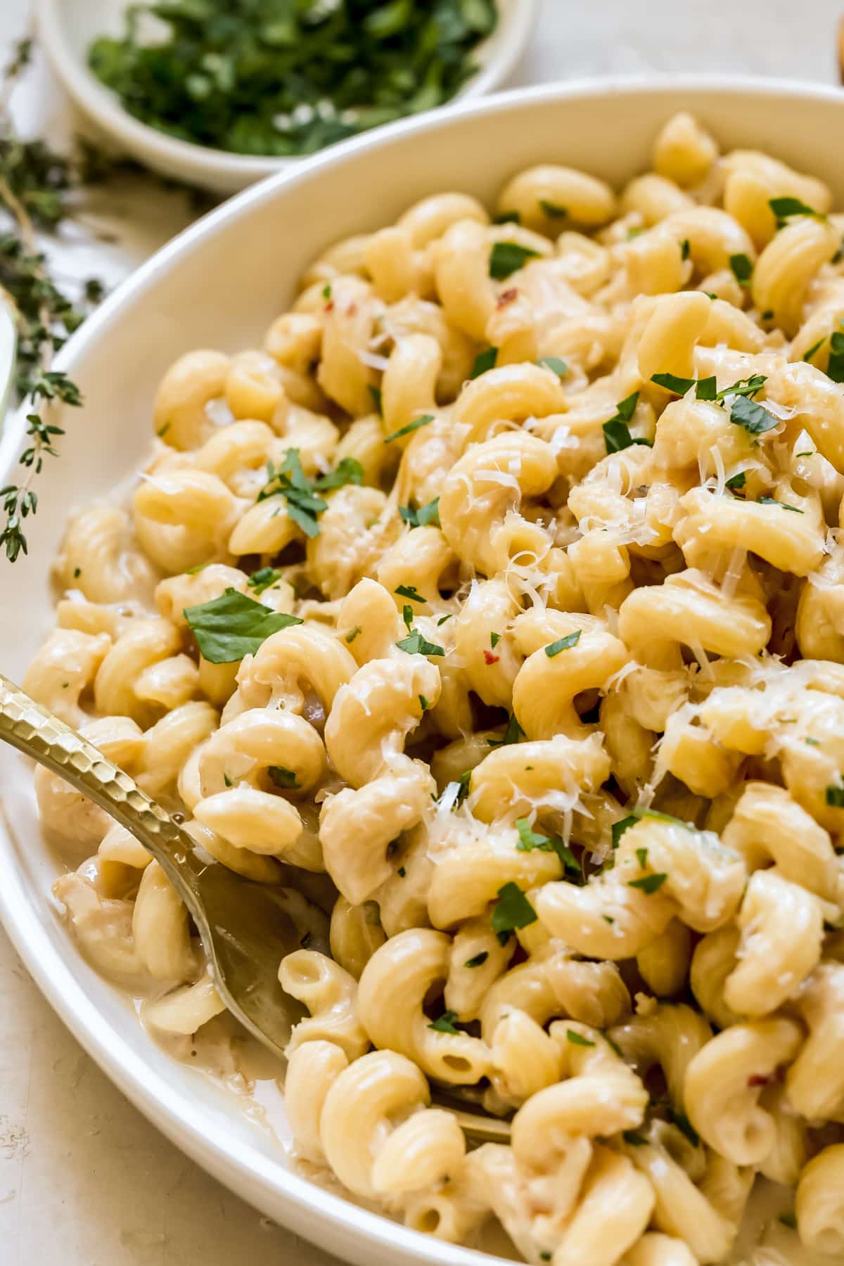 pasta in a white bowl.