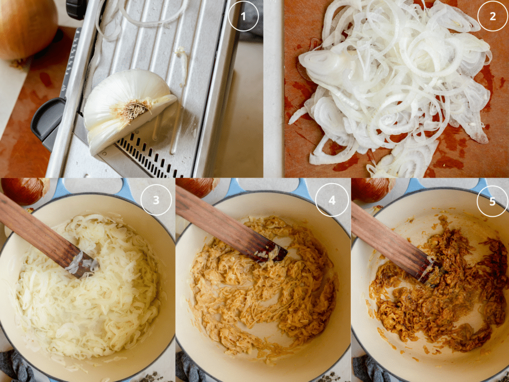 process photos of caramelizing onions in a large pot. 