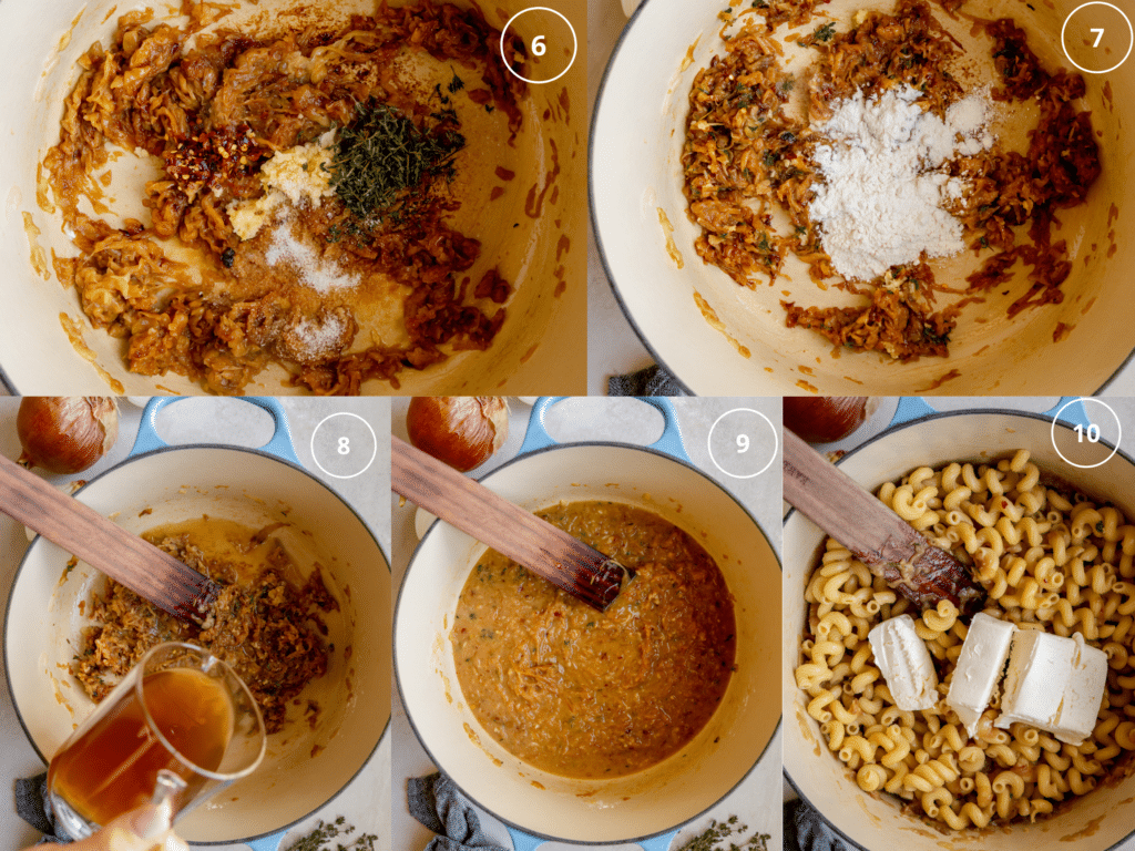 caramelized onions in a pot with pasta. 