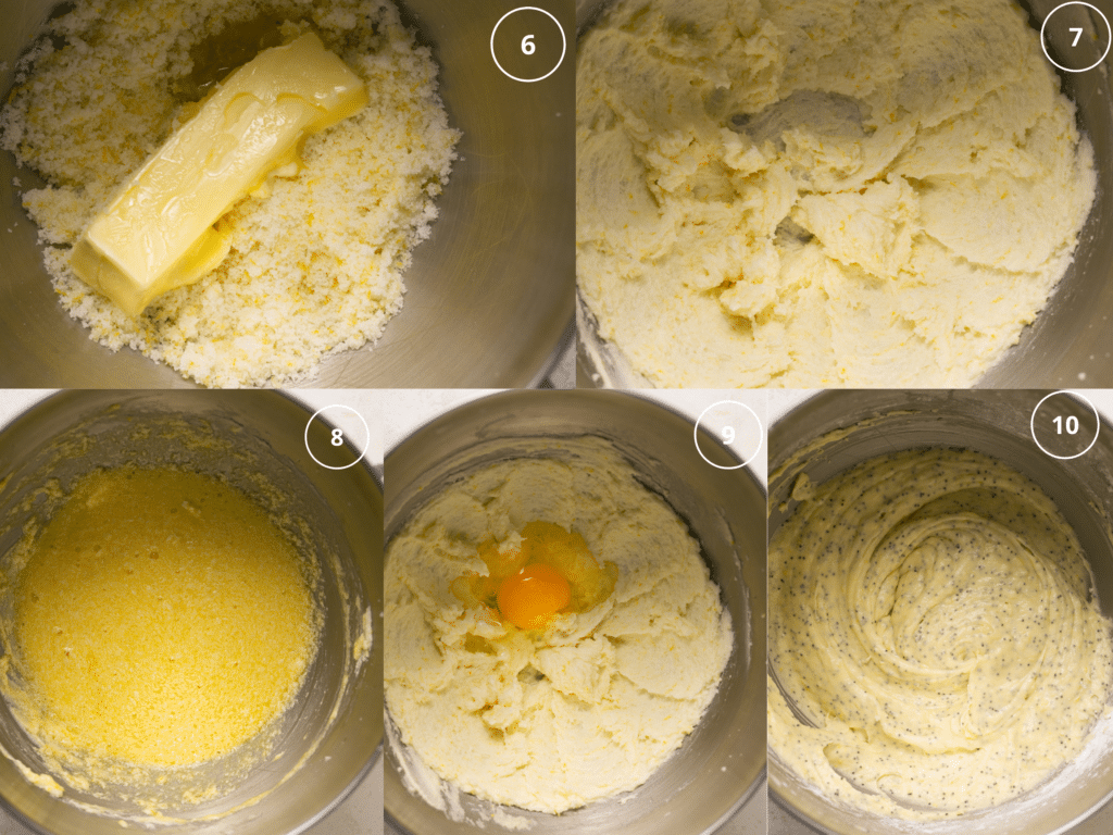 step by step photos of creaming butter and sugars for a cake and adding in the egg. 