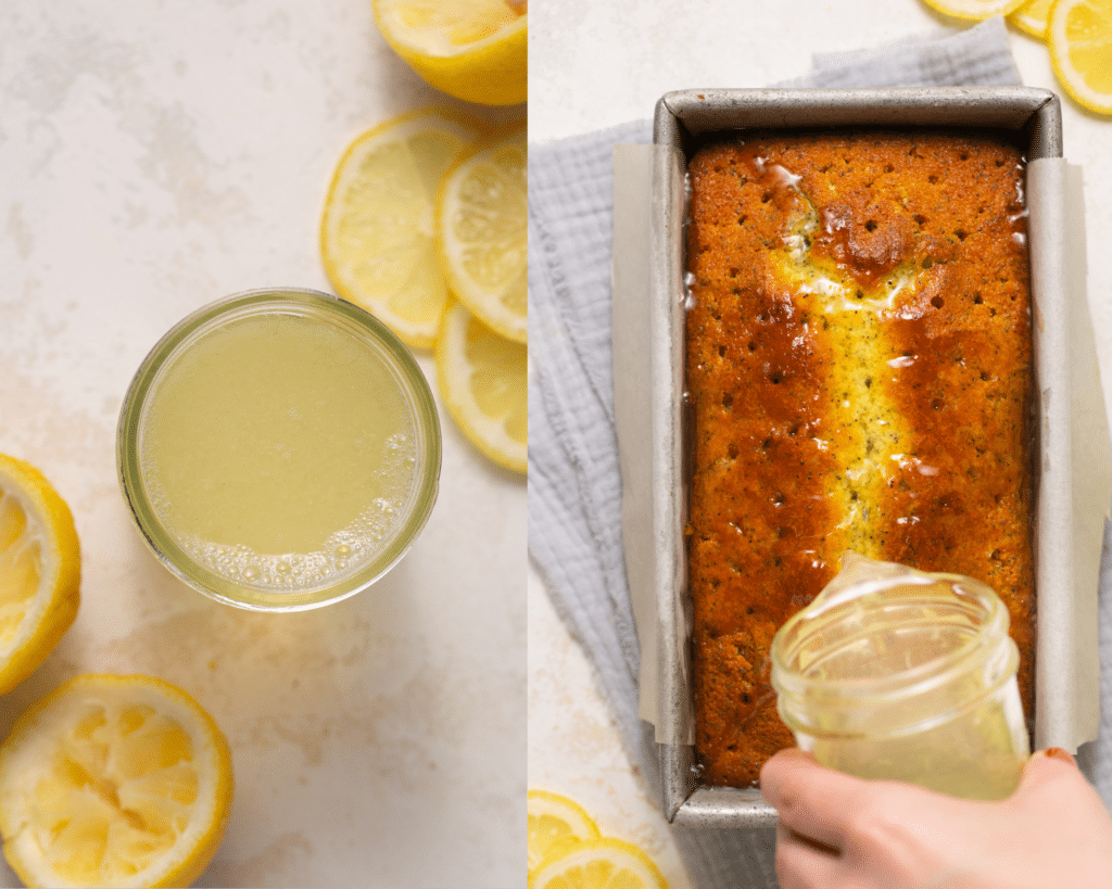 simple syrup being poured on a lemon cake.