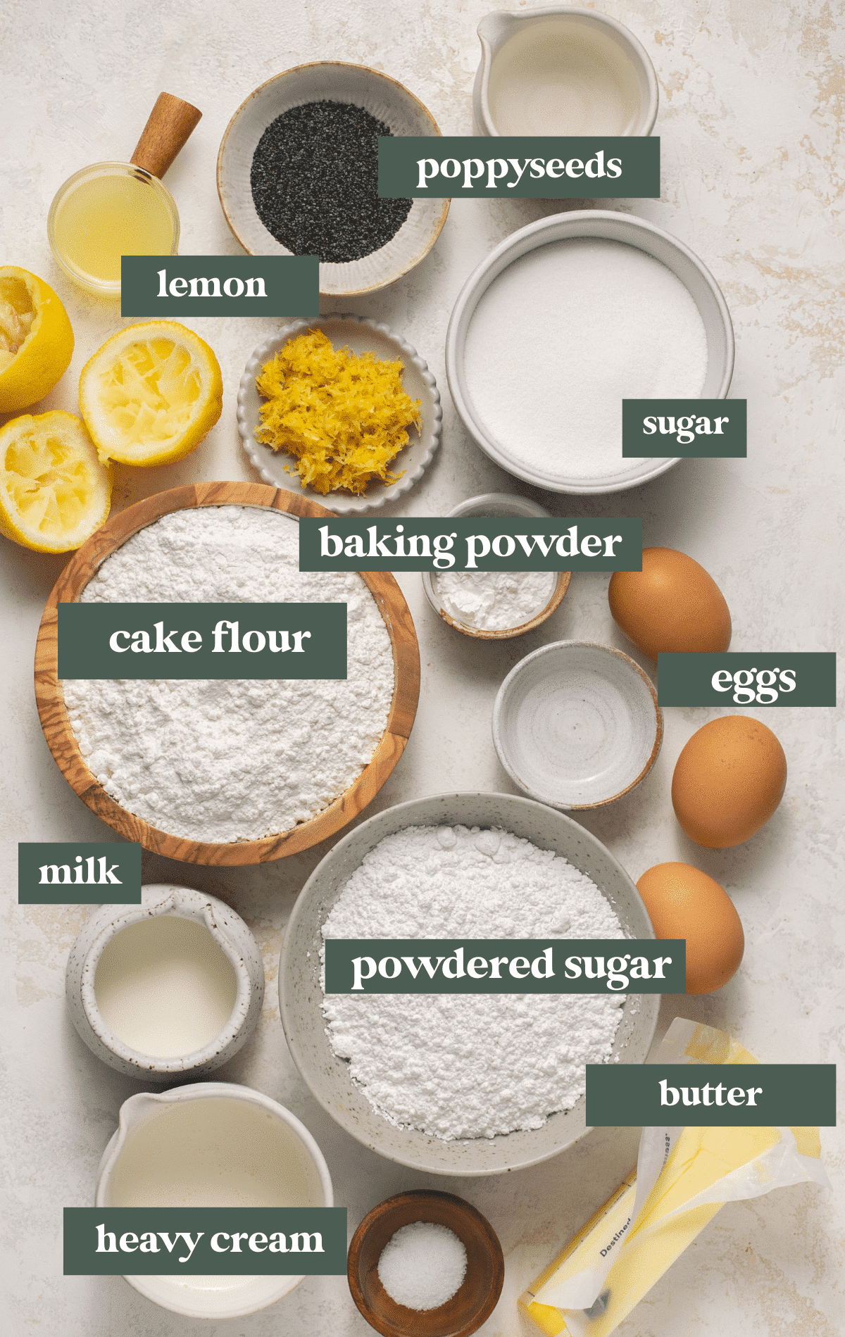 ingredients to make a lemon cake. 