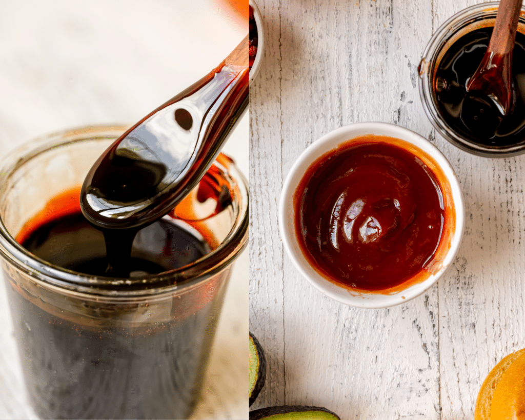 pomegranate molasses in a jar and pomegranate ketchup in a glass dish. 