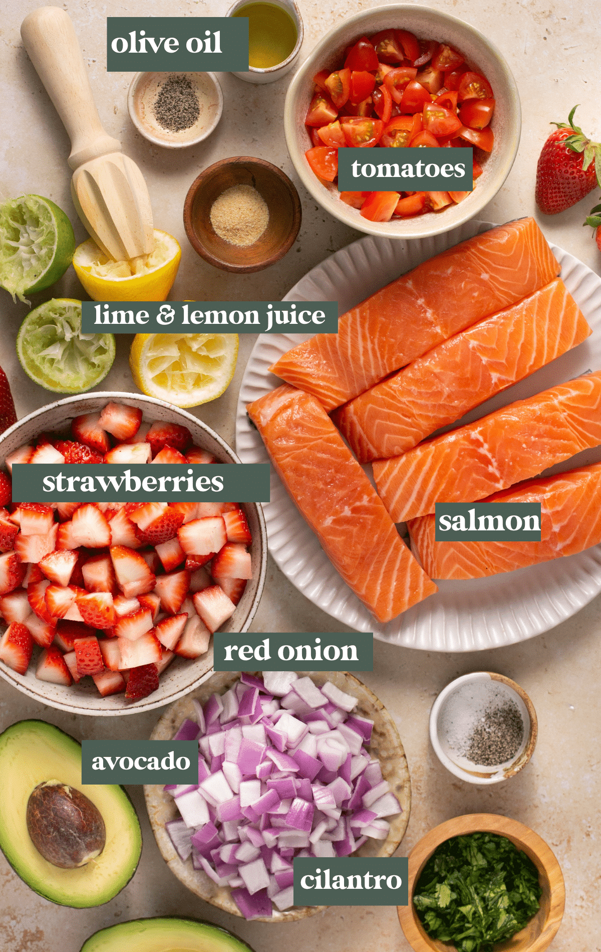 ingredients to make salmon in glass bowls. 