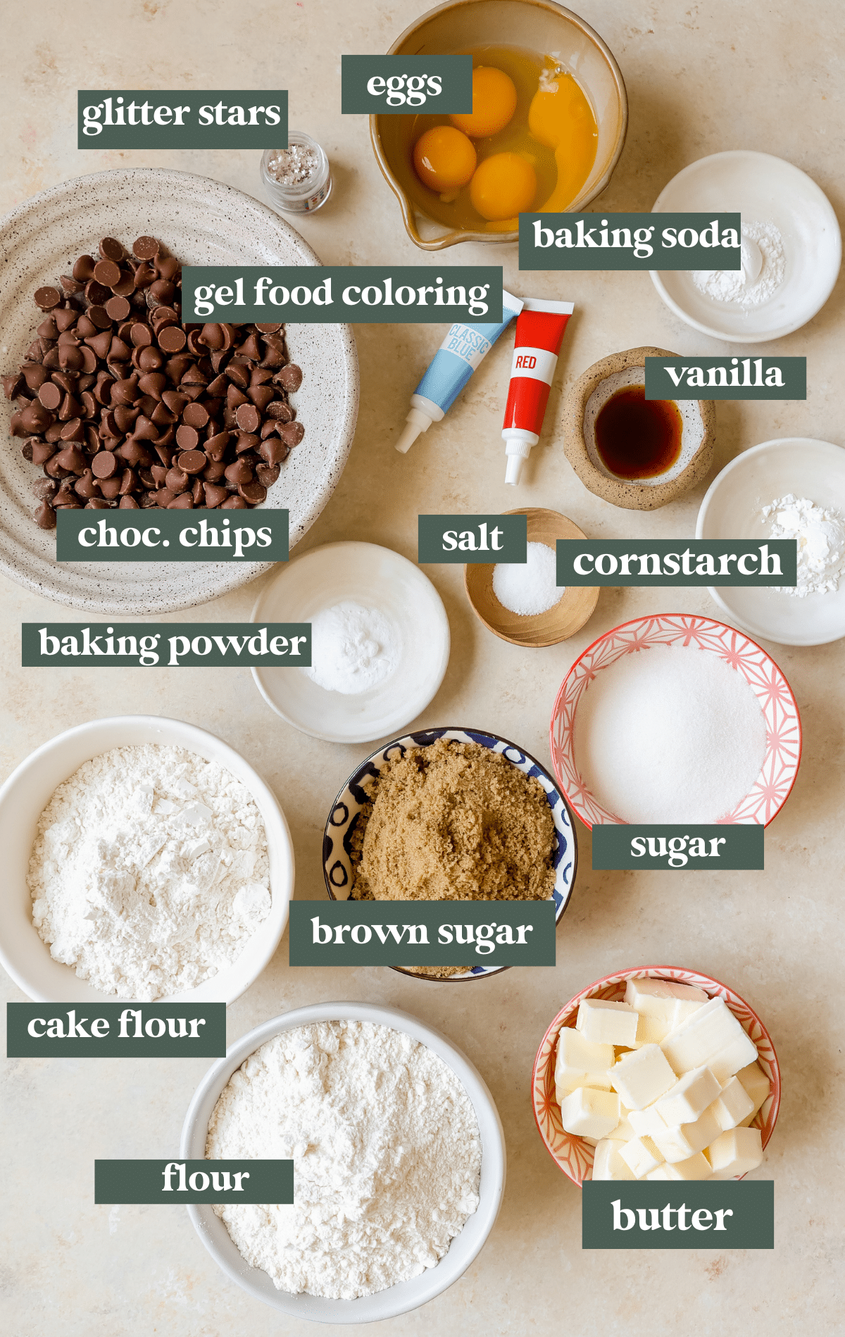 ingredients to make cookies in small glass bowls. 