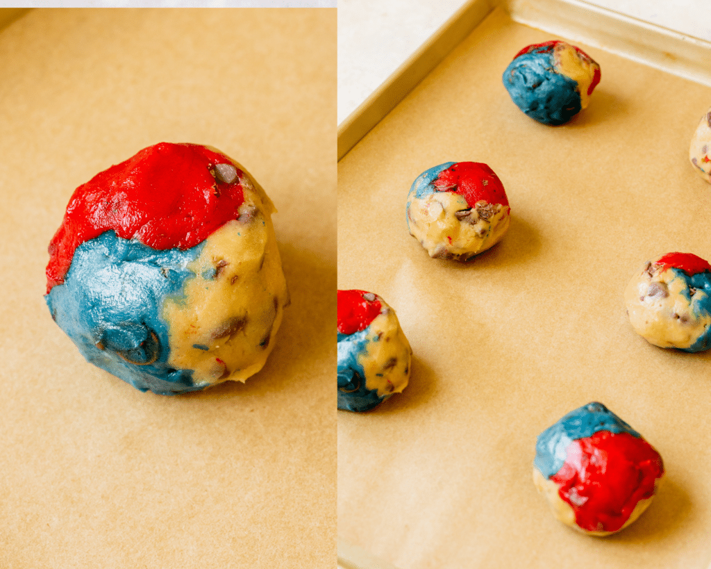 cookie dough balls unbaked on a baking sheet lined with parchment paper. 