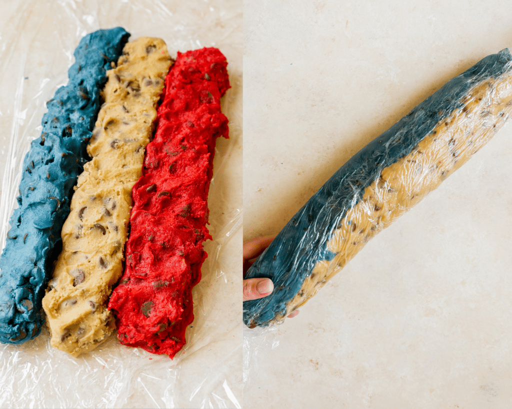 cookie dough on plastic wrap. 