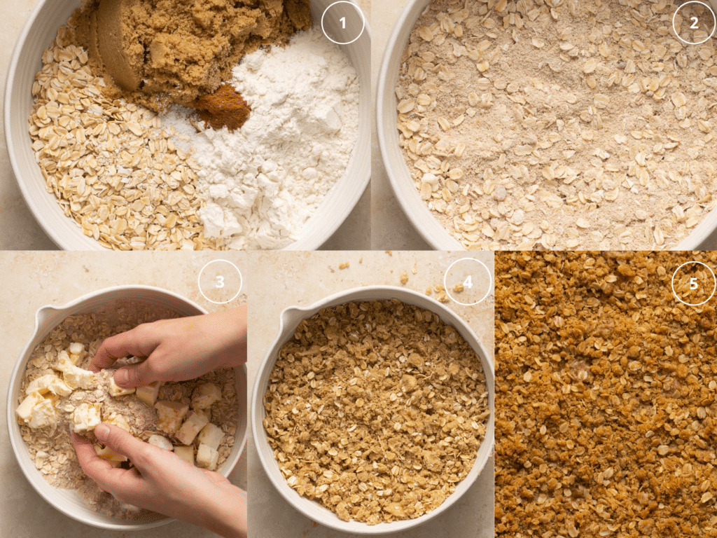 Step by step photos making the streusel topping with oats, flour and brown sugar. 