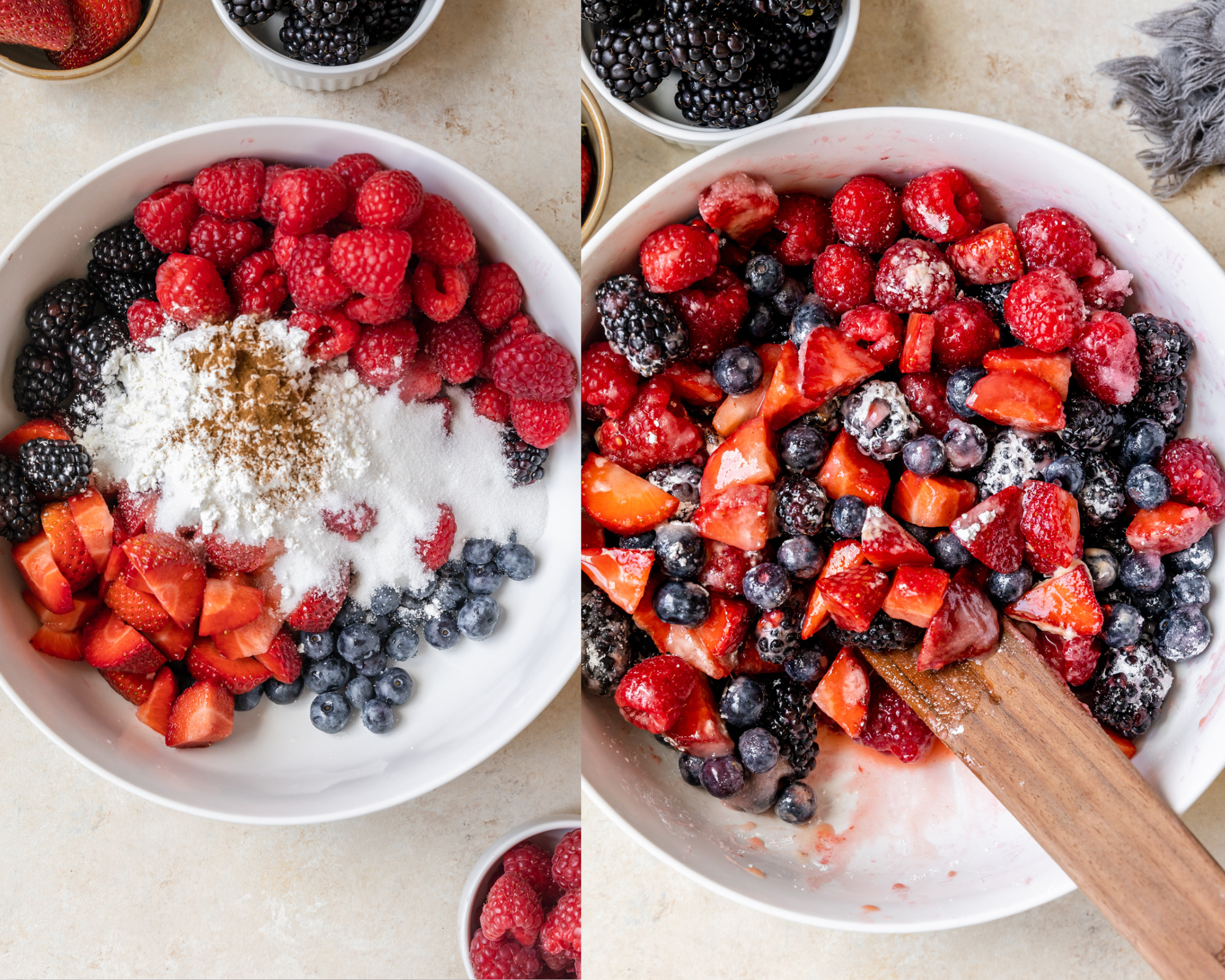 mixed berries in a white bowl with sugar, baking powder and cinnamon. 