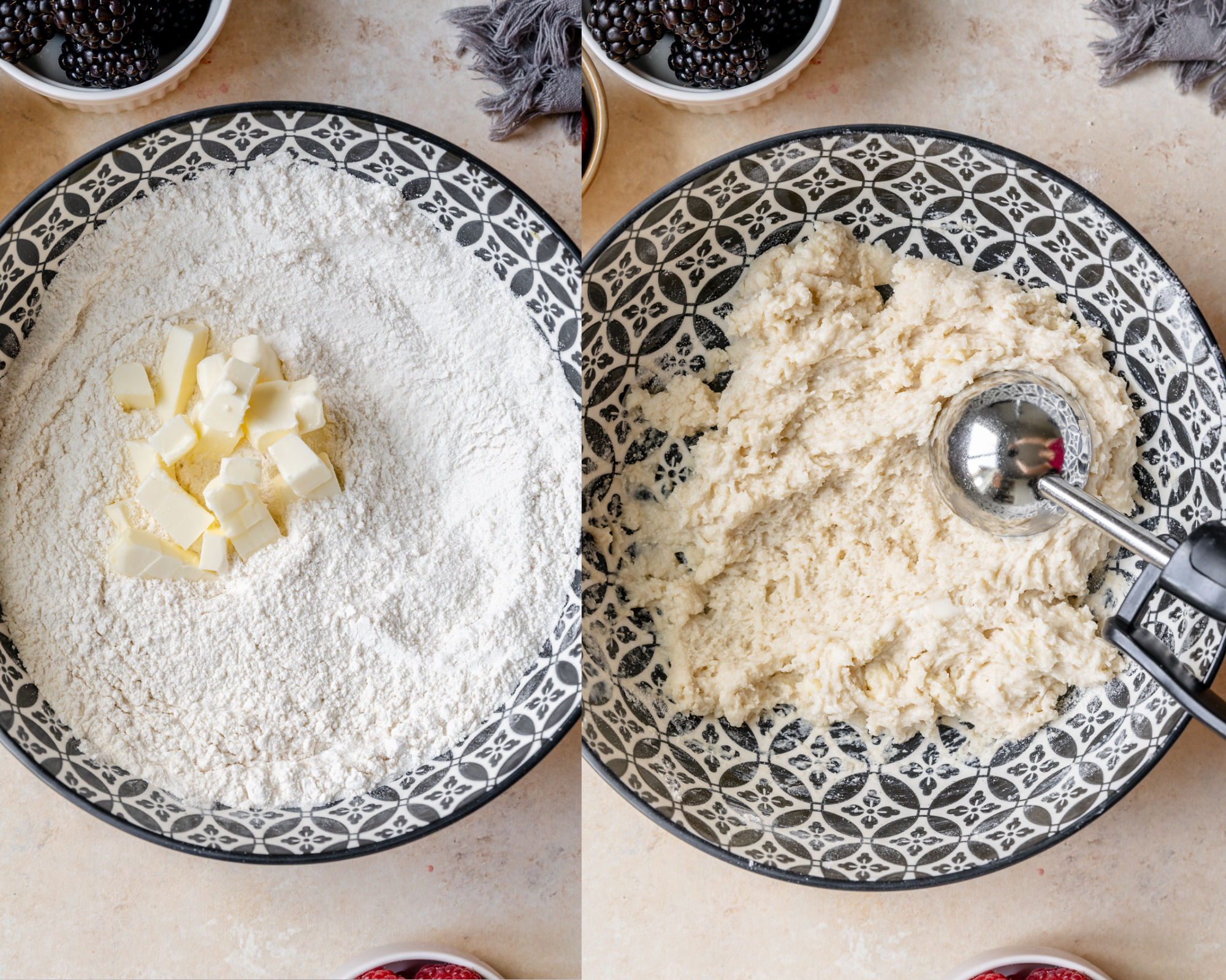 dry ingredients in a bowl with cold butter cubes and biscuit dough with a cookie scoop in another bowl.