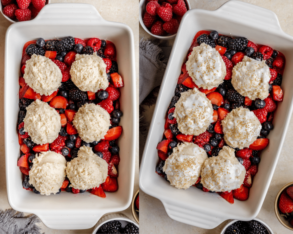 biscuit topping on mixed berries in a casserole dish.
