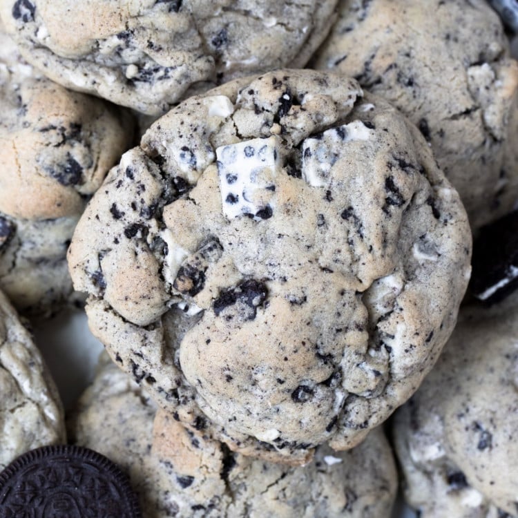 Giant cookies stuffed with Oreos and Hershey's Cookie and Cream candy bars.