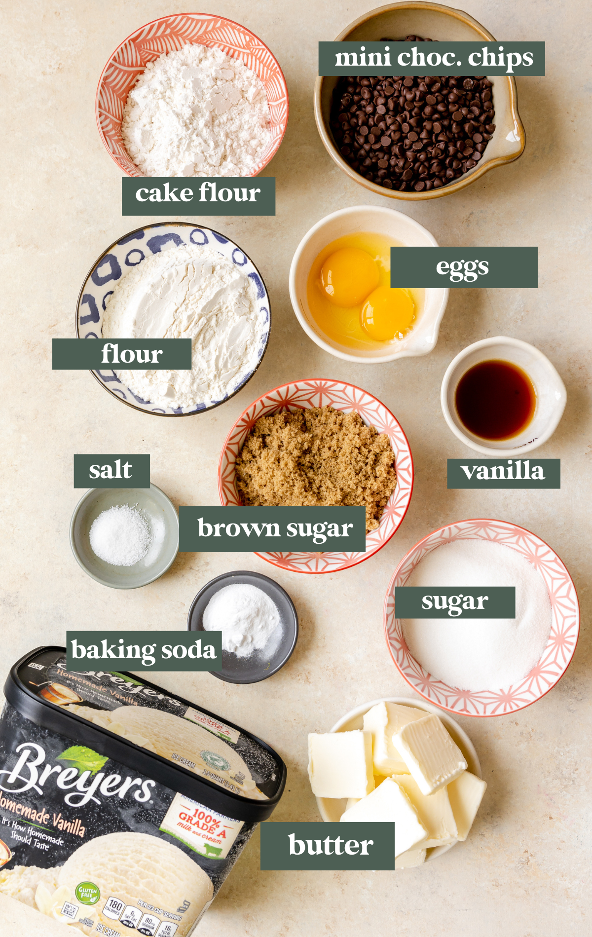 ingredients to make cookies in small glass bowls. 