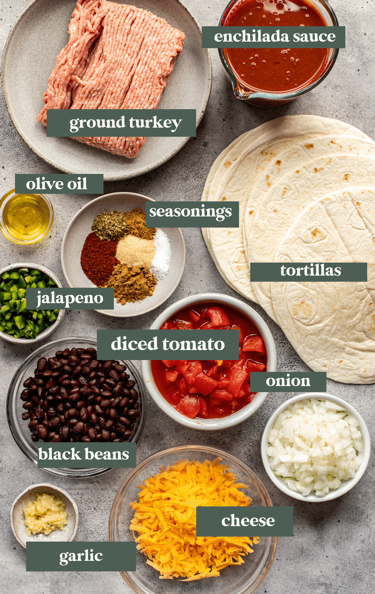 ingredients in small dishes needed to make enchiladas with flour tortillas. 