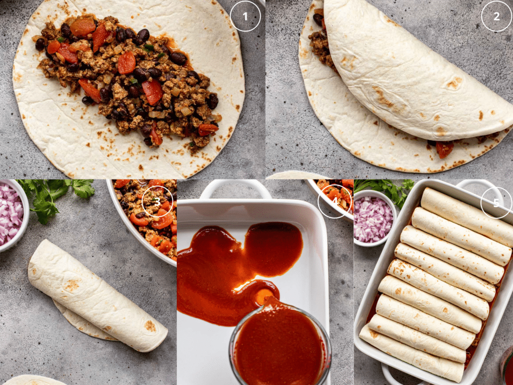 photos showing how to roll up enchiladas and place in a baking dihs. 
