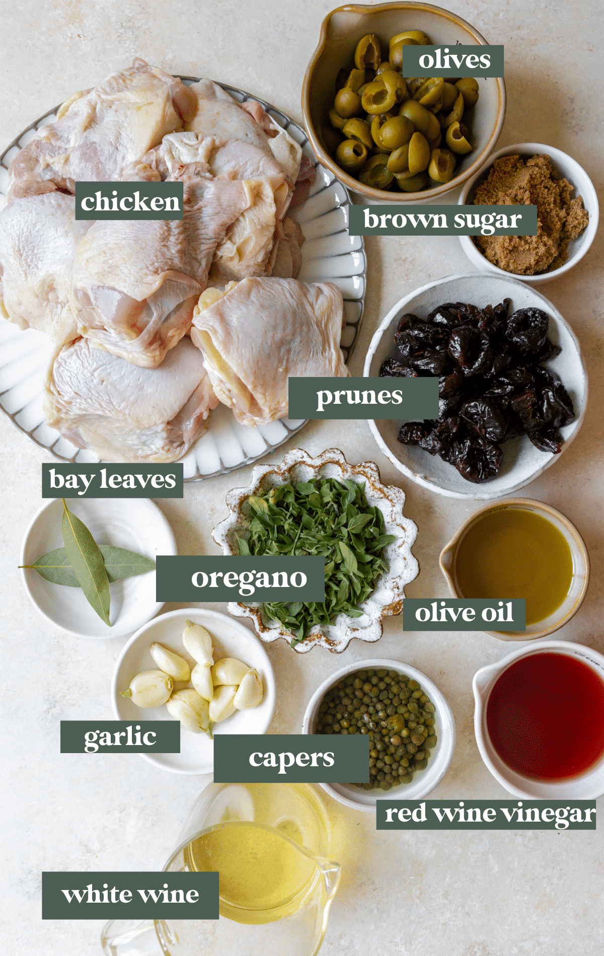 ingredients for chicken marinade in small glass bowls. 