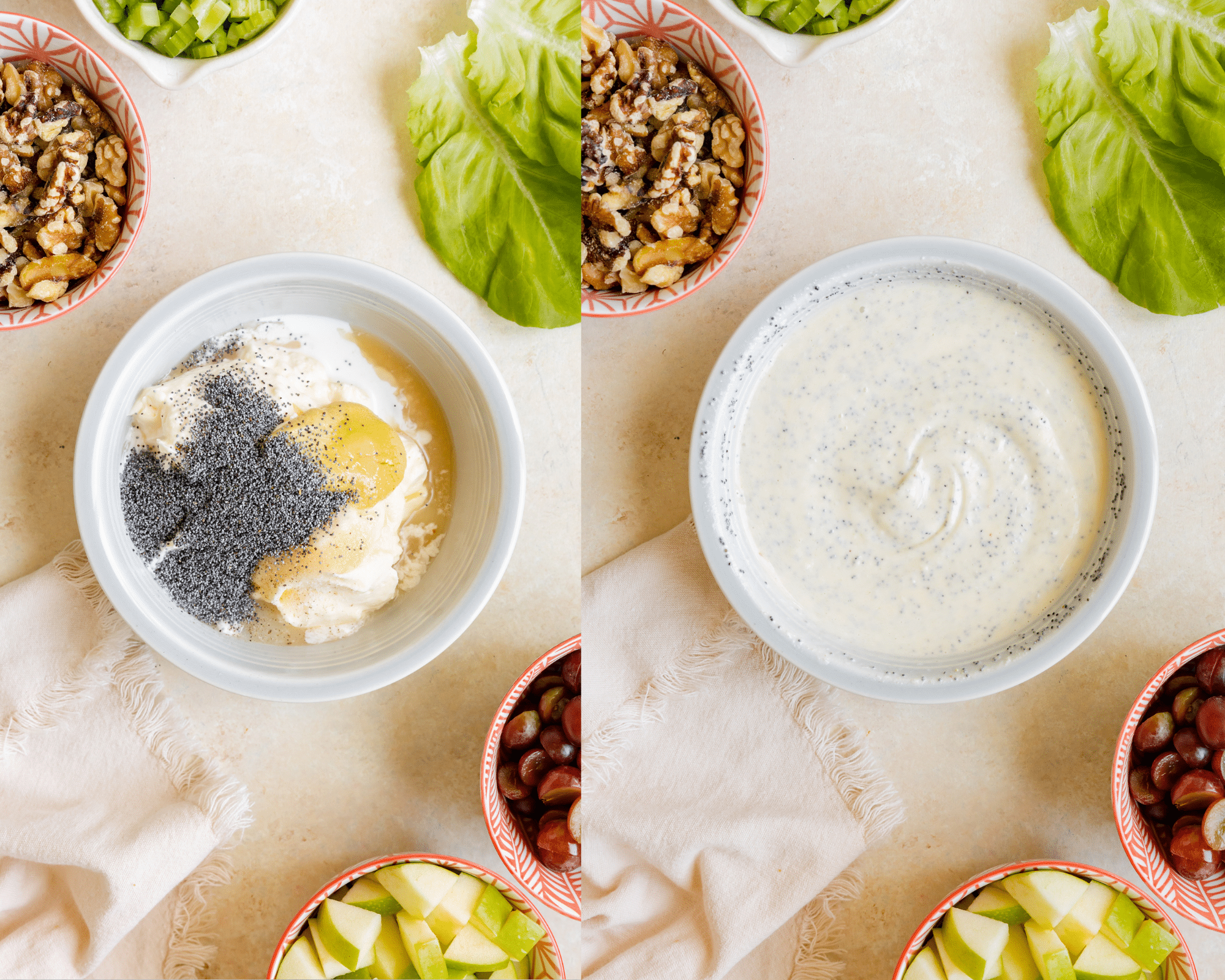 poppyseed dressing in a small light blue bowl.