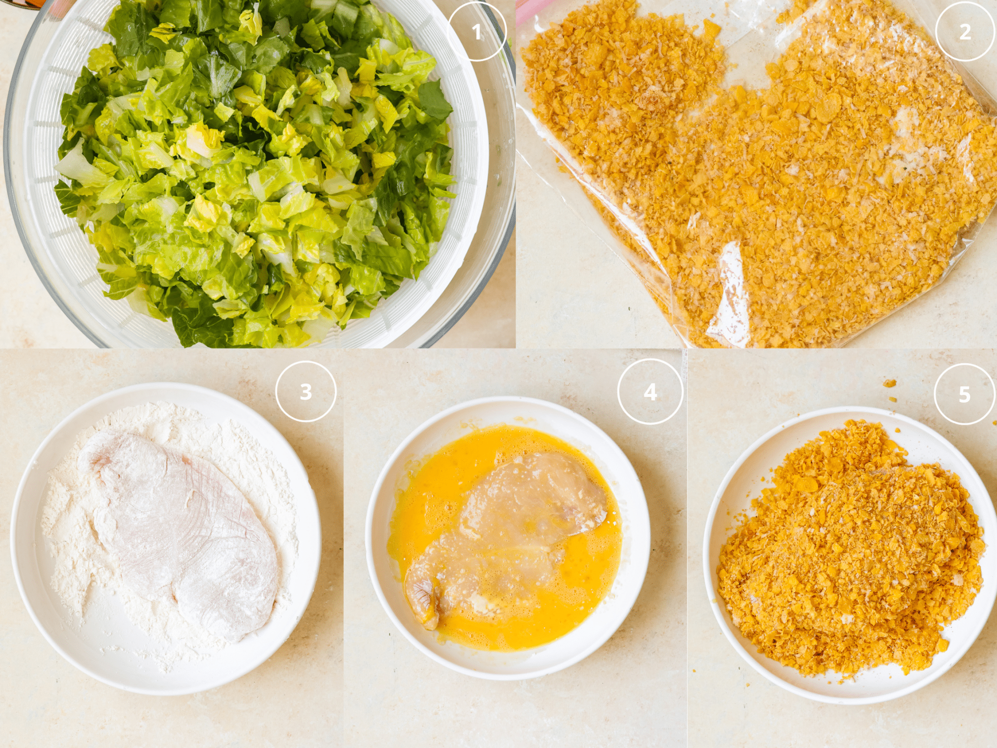 step by step photos dredging chicken in cornflakes. 