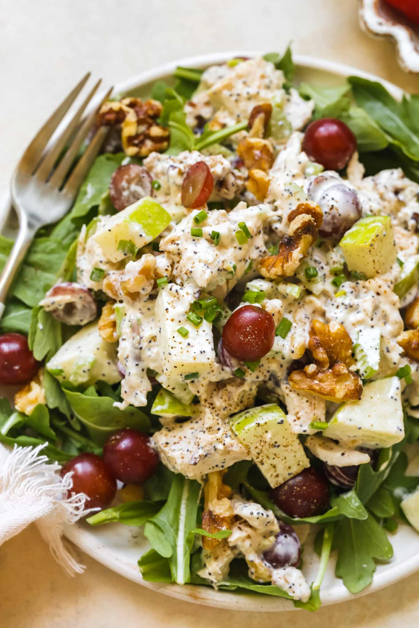 chicken salad on a bed of arugula on a white plate. 