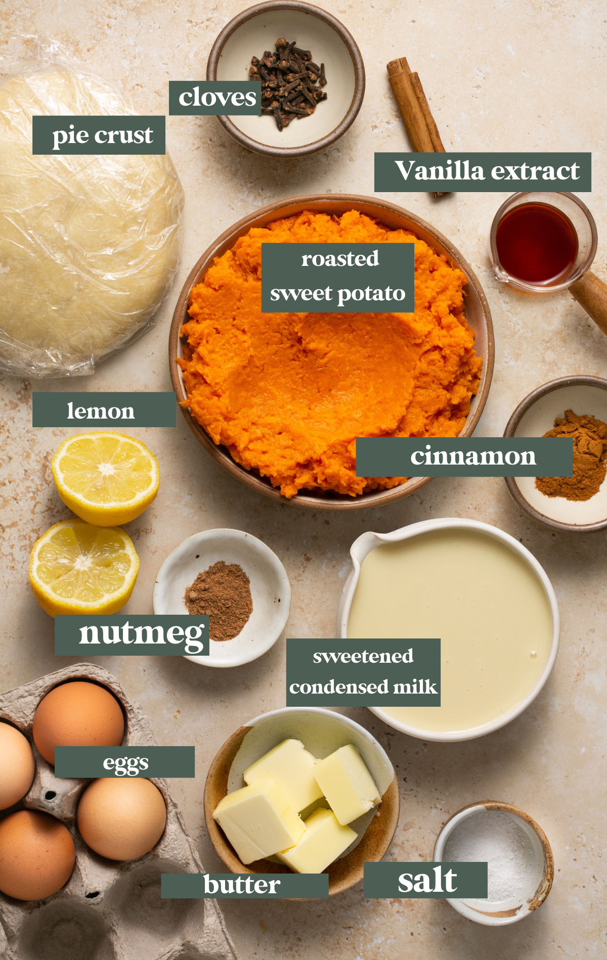 Ingredients needed to make sweet potato pie in small dishes. 