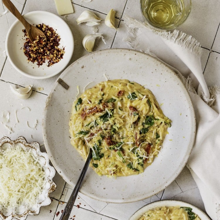 speckled bowl with orzo, sun dried tomatoes, green herbs, and cheese