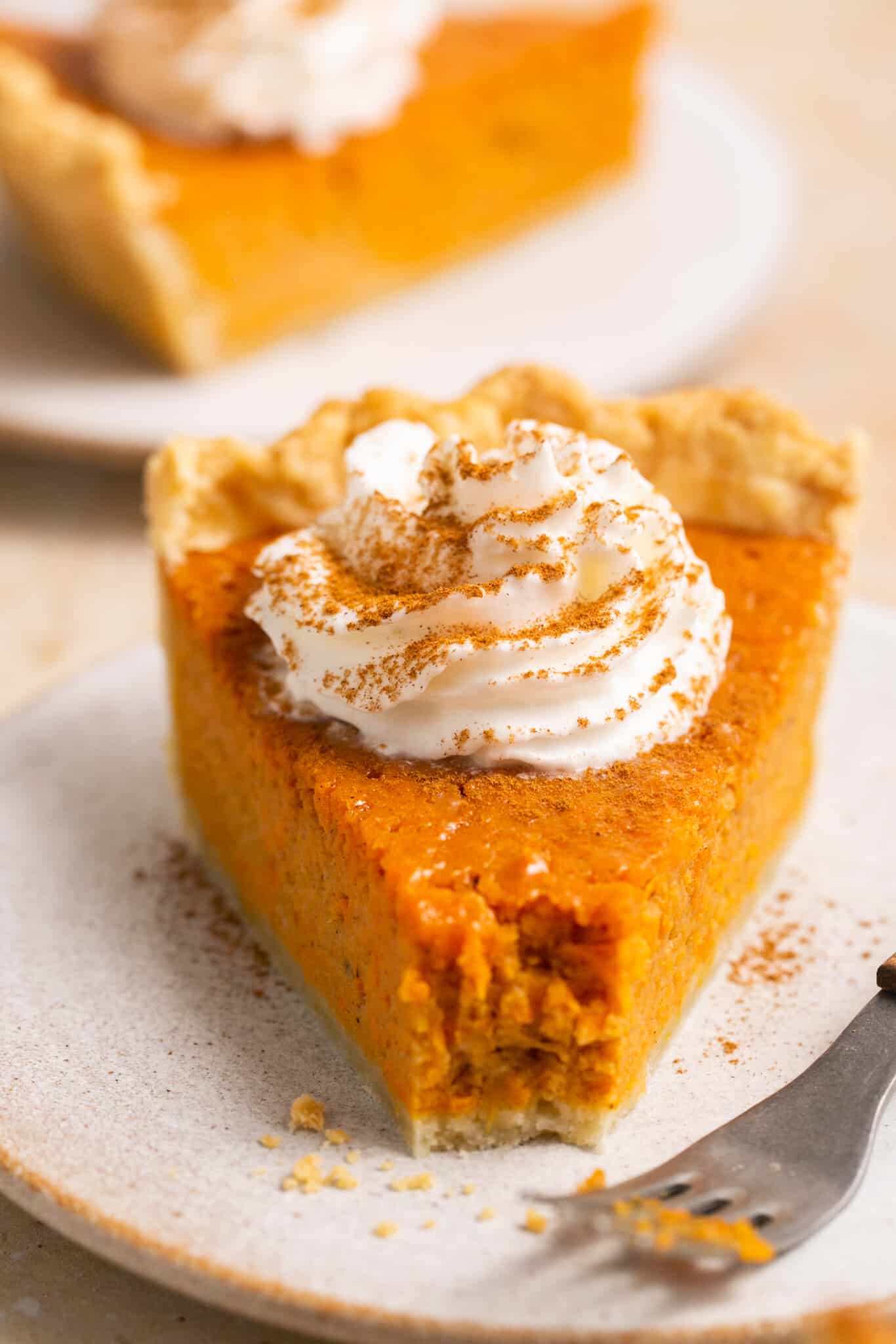 A slice of pie on a white plate topped with whipped cream and cinnamon. 