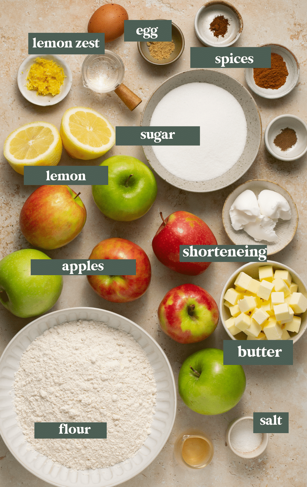 ingredients needed to make homemade apple pie. 