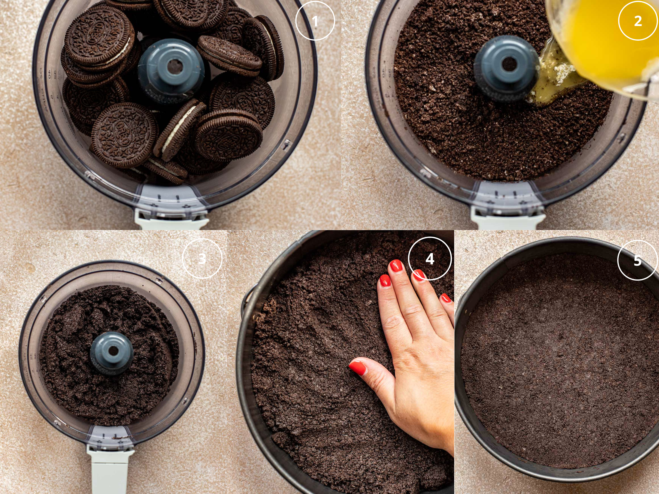 step by step photos making an Oreo crust in a food processor. 
